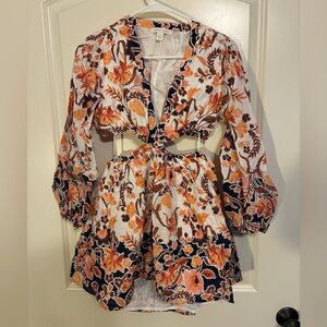 Chelsea & Violet Long Sleeve Floral Dress - Orange and Navy